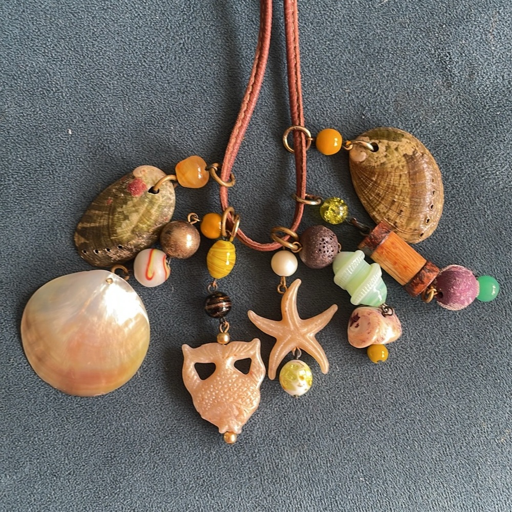 Vintage Necklace with Shells & Beads on Leather String - Bohemian Style